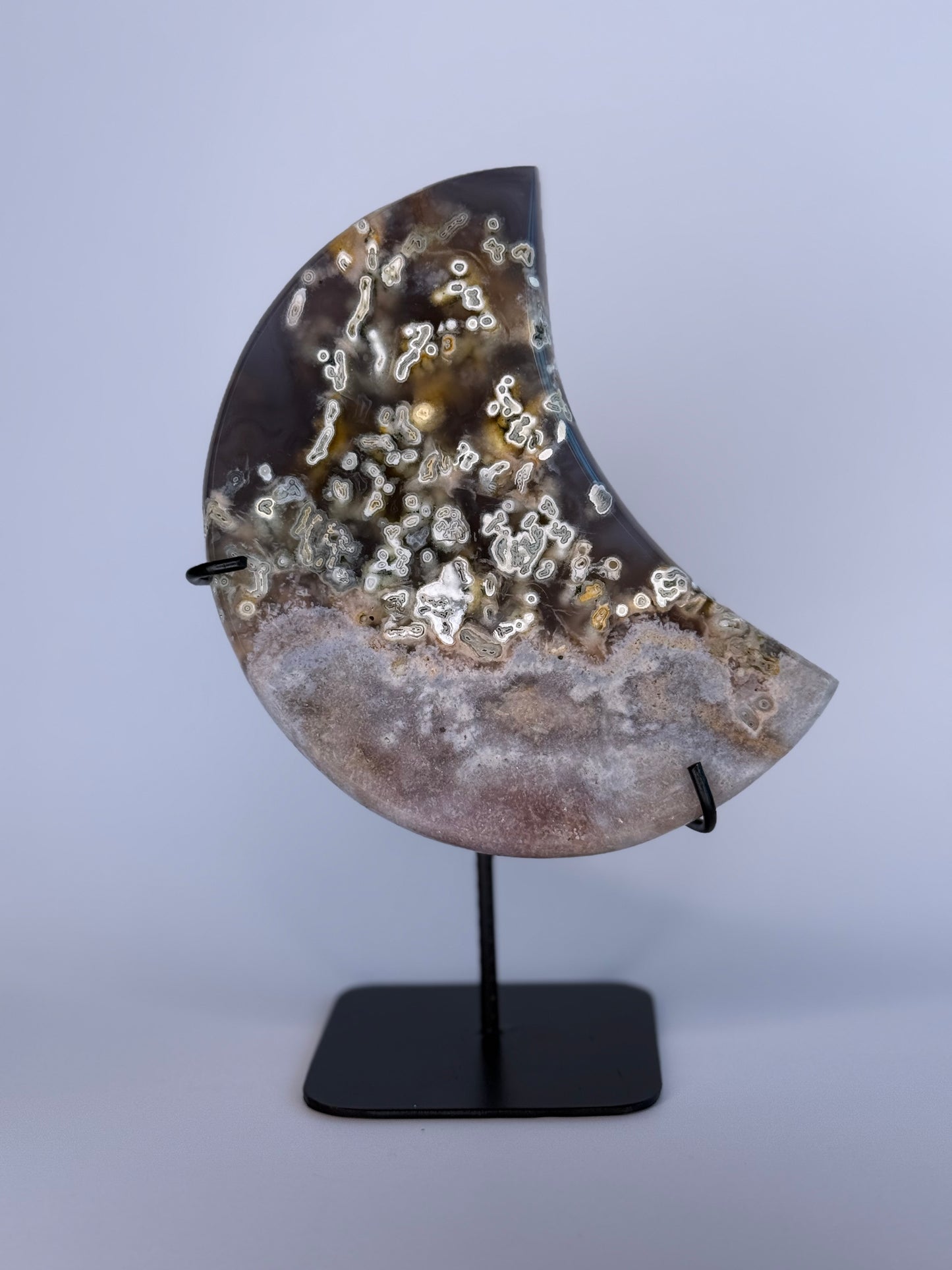 Pink Amethyst and Moss Agate Moon on Stand