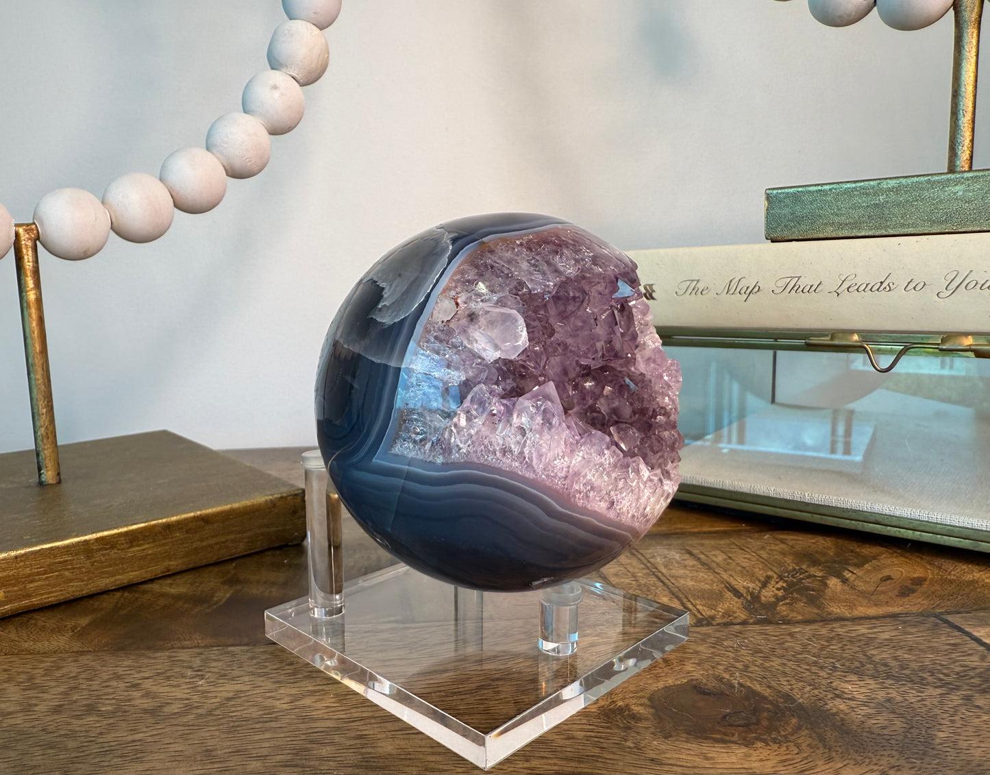 Agate Sphere with Amethyst Druzy and Basalt Inclusions on Clear Base