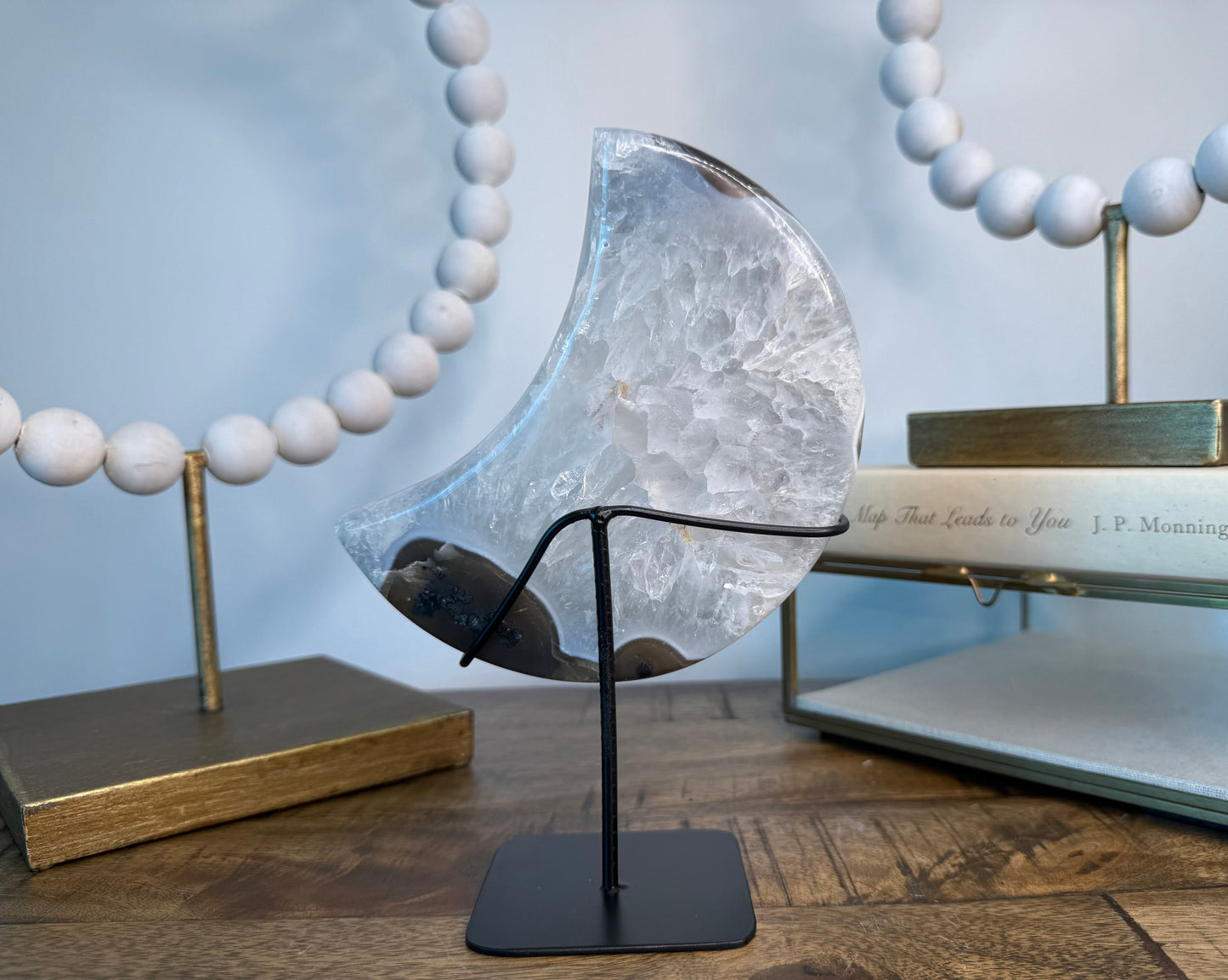 Clear Quartz and Moss Agate Moon on Stand