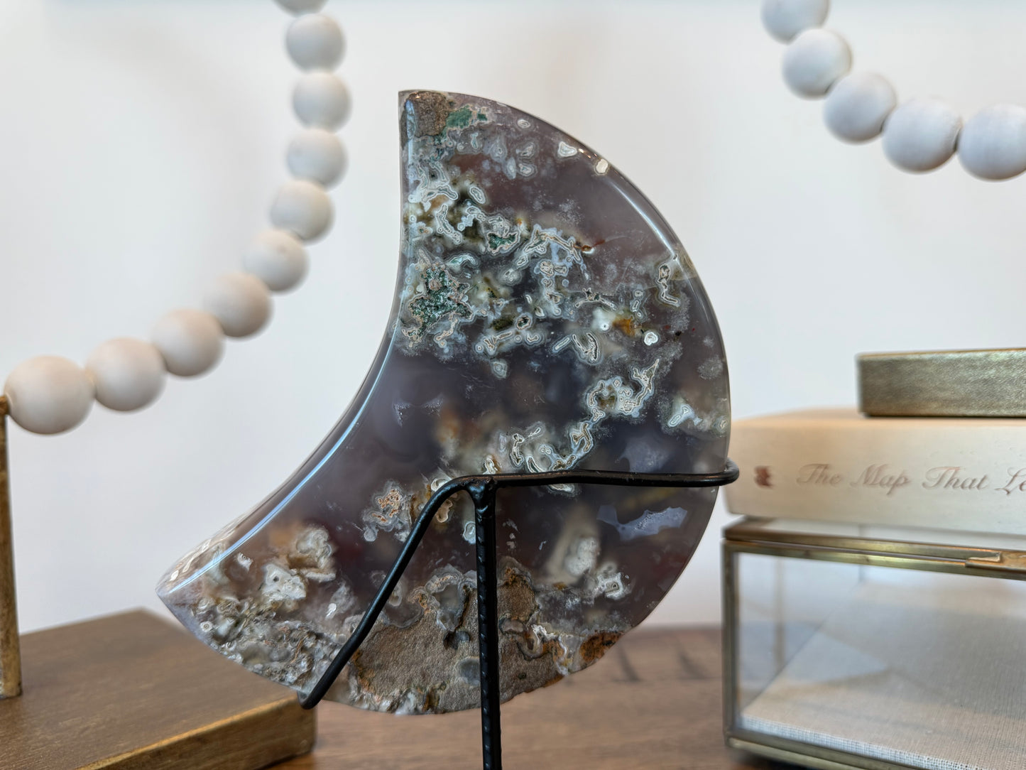 Pink Amethyst and Moss Agate Moon Sculpture