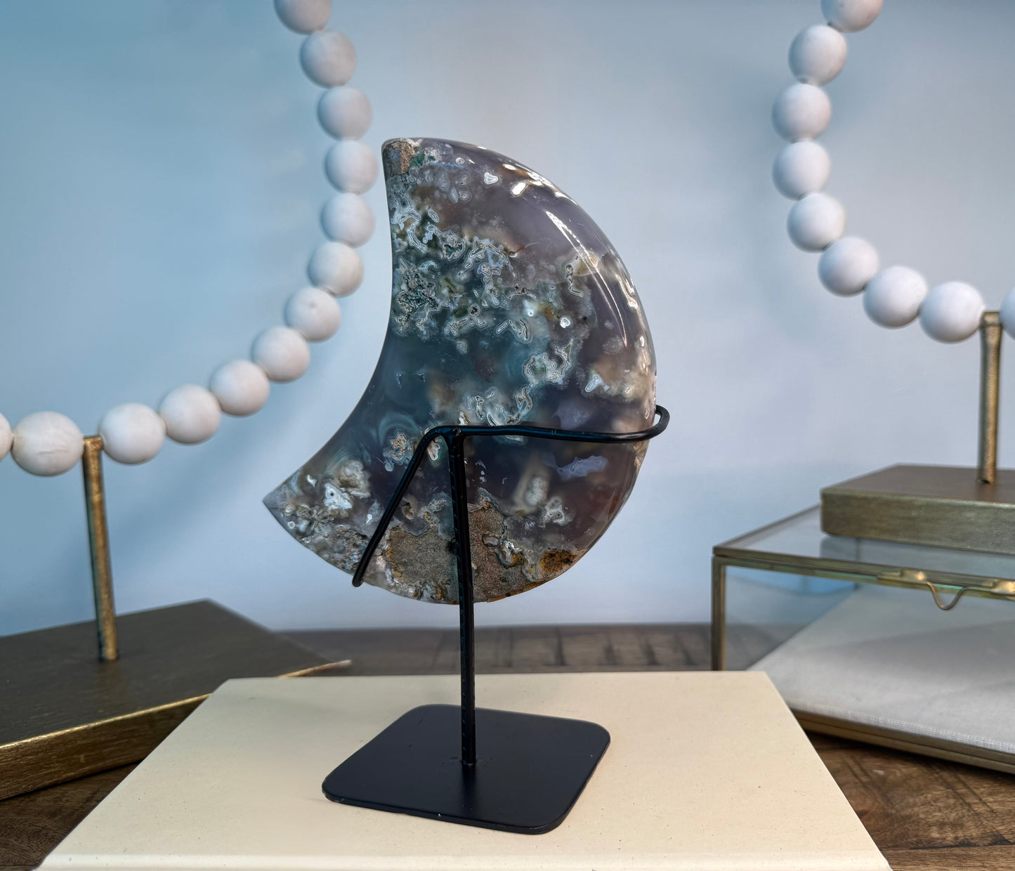 Pink Amethyst and Moss Agate Moon on Stand