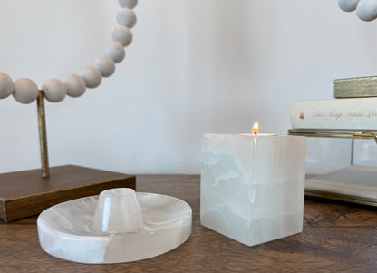 White Onyx Set: Banded Calcite Candle Holder and Palo Santo Holder