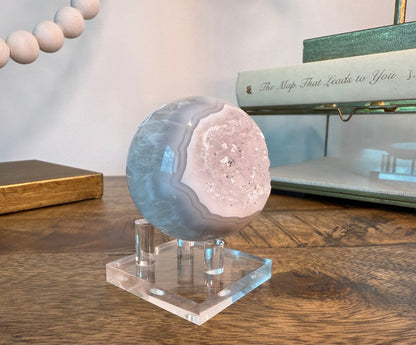 Pastel Blue and Gray Druzy Agate Sphere on Clear Base