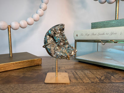 Petite Druzy Pyrite Crescent Moon on Stand