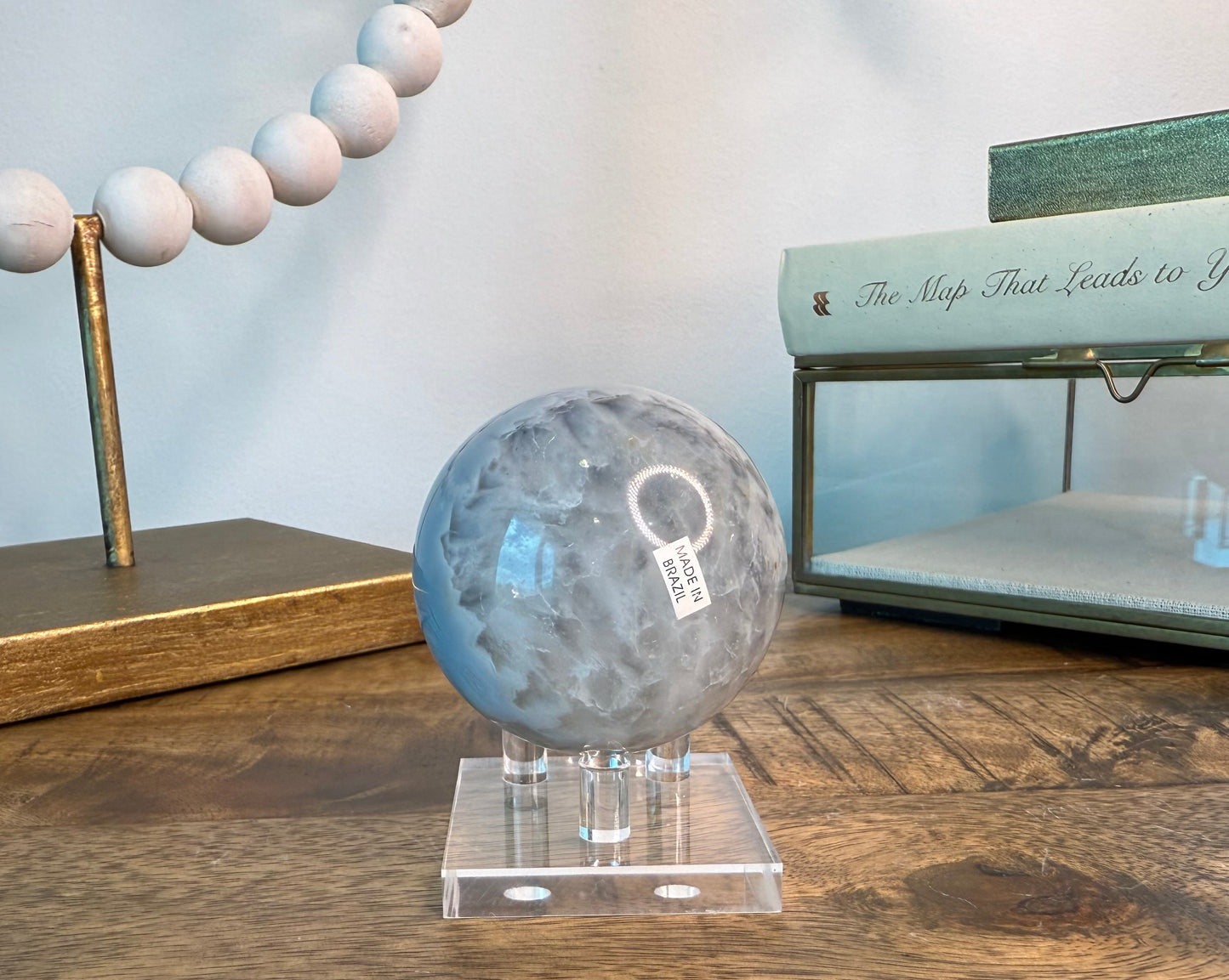Pastel Blue Banded Agate Sphere with Druzy Pocket on Clear Base