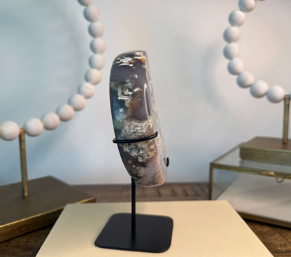 Pink Amethyst and Moss Agate Moon on Stand