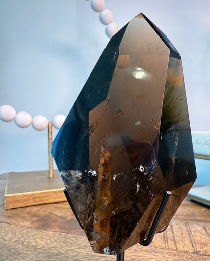 Smoky Quartz with Limonite Skyscraper Inclusion on Stand