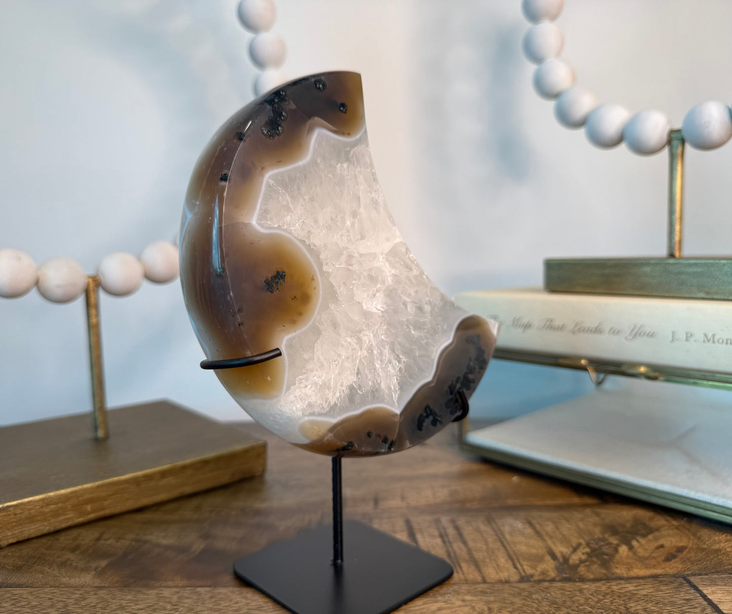 Clear Quartz and Moss Agate Moon on Stand