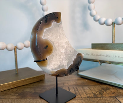 Clear Quartz and Moss Agate Moon on Stand