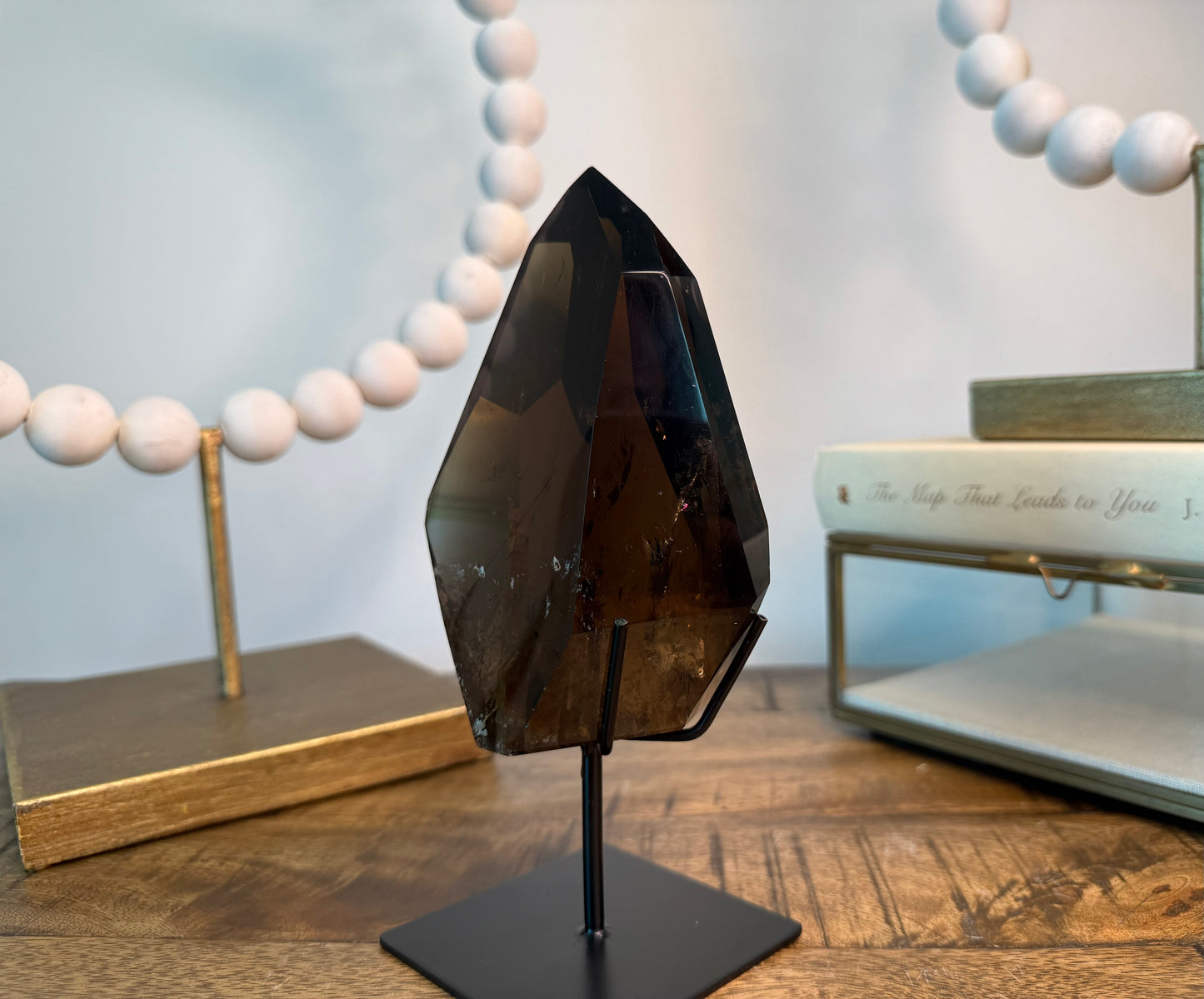 Smoky Quartz with Limonite Skyscraper Inclusion on Stand