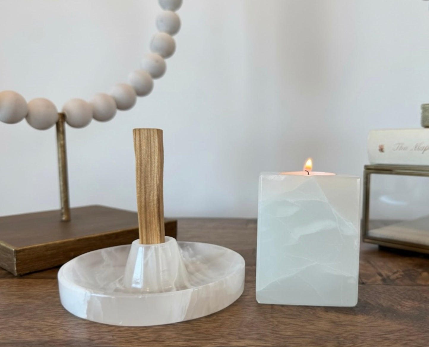 White Onyx Set: Banded Calcite Candle Holder and Palo Santo Holder
