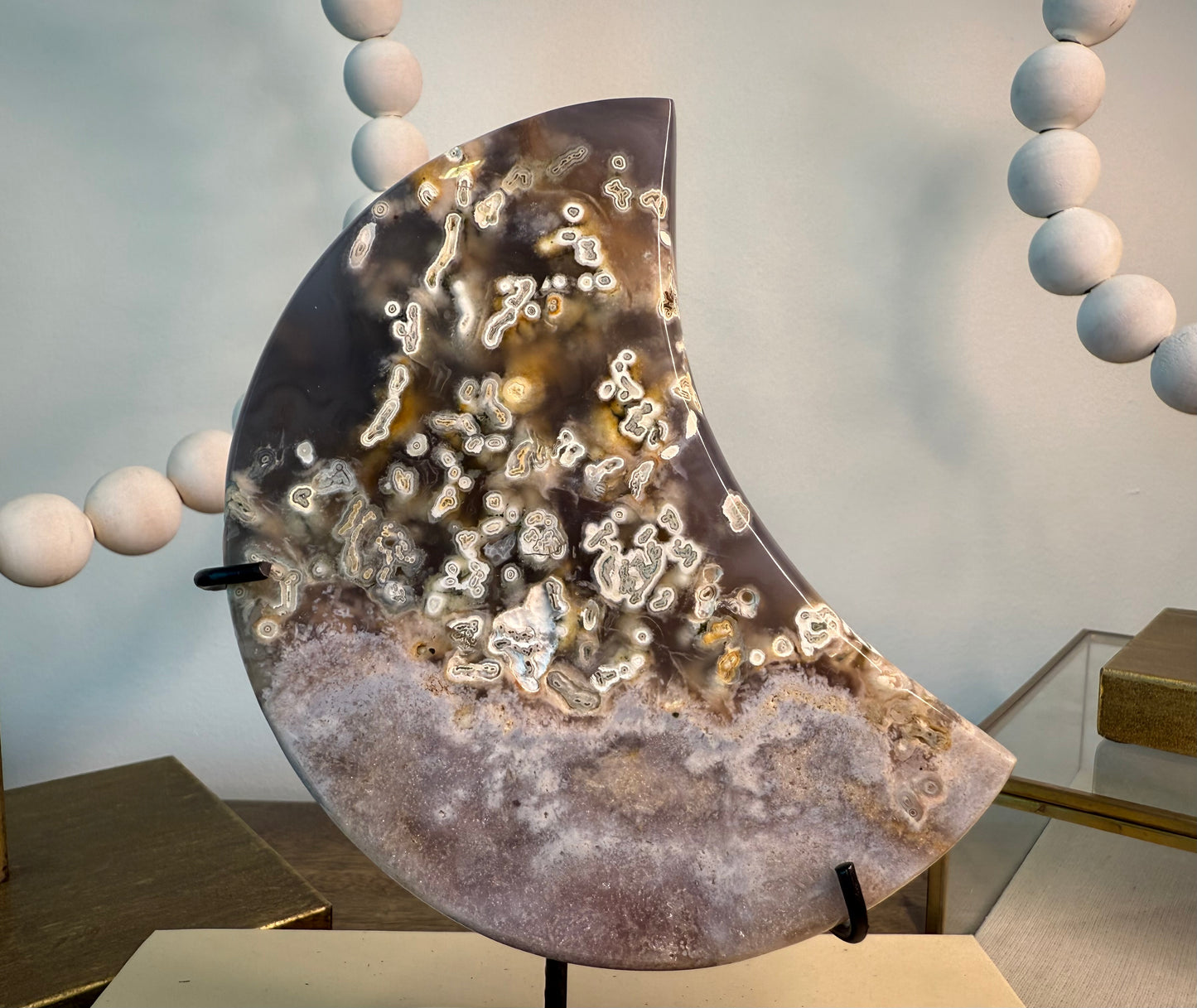 Pink Amethyst and Moss Agate Moon on Stand