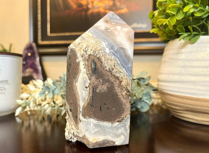 Agate Tower with Double Druzy Portal, Blue Banding, and Earthy Basalt