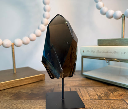 Smoky Quartz with Limonite Skyscraper Inclusion on Stand