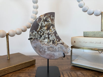 Pink Amethyst and Moss Agate Moon Sculpture