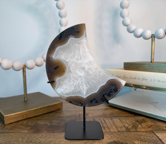 Clear Quartz and Moss Agate Moon on Stand