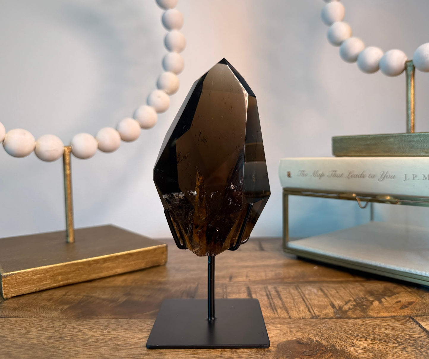 Smoky Quartz with Limonite Skyscraper Inclusion on Stand