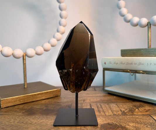 Smoky Quartz with Limonite Skyscraper Inclusion on Stand