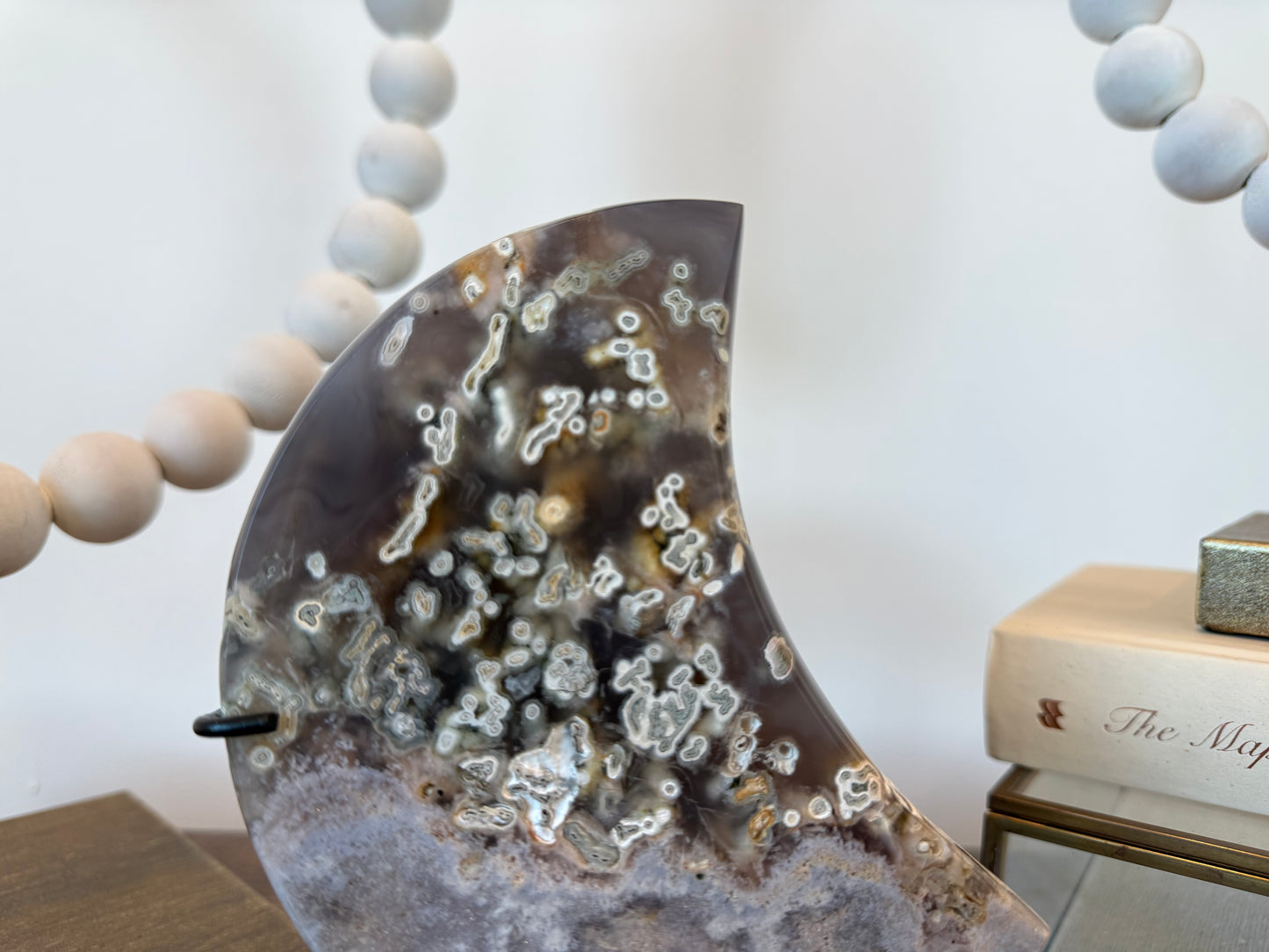 Pink Amethyst and Moss Agate Moon Sculpture