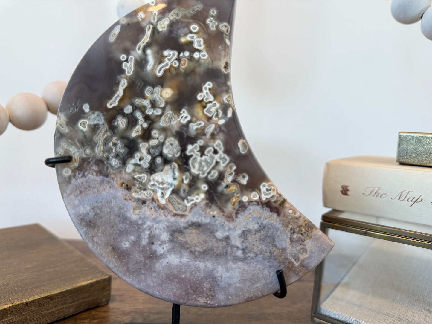 Pink Amethyst and Moss Agate Moon Sculpture