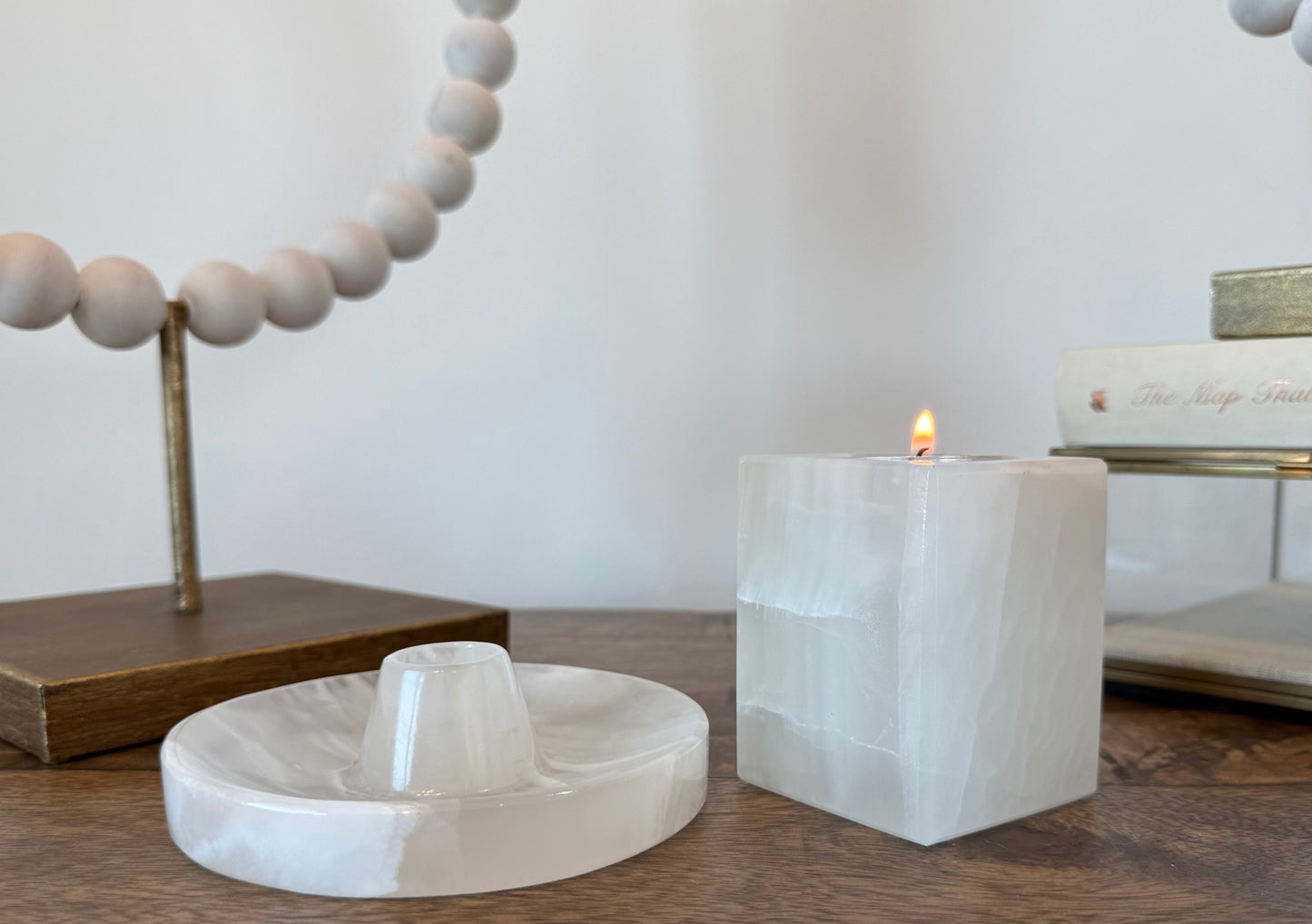 White Onyx Set: Banded Calcite Candle Holder and Palo Santo Holder