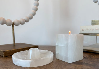 White Onyx Set: Banded Calcite Candle Holder and Palo Santo Holder