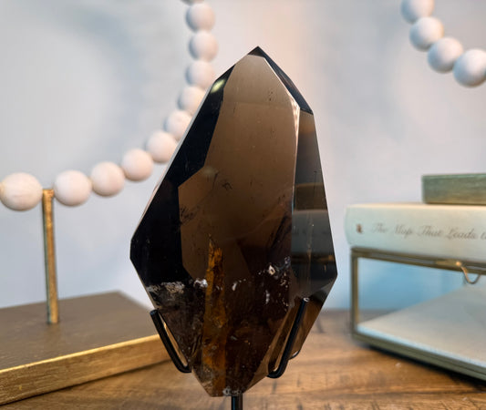 Smoky Quartz with Limonite Skyscraper Inclusion on Stand