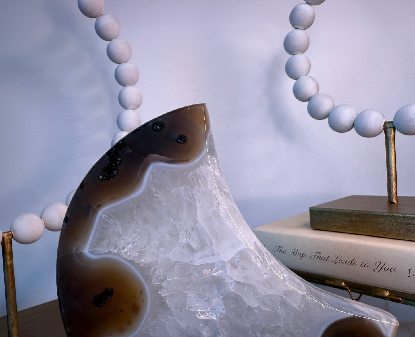 Clear Quartz and Moss Agate Moon on Stand