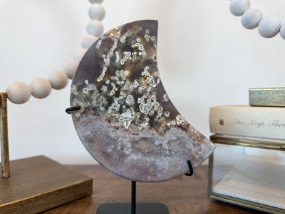Pink Amethyst and Moss Agate Moon Sculpture