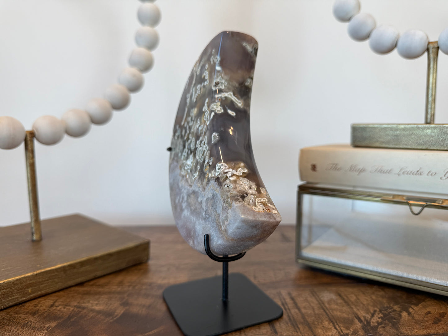 Pink Amethyst and Moss Agate Moon Sculpture