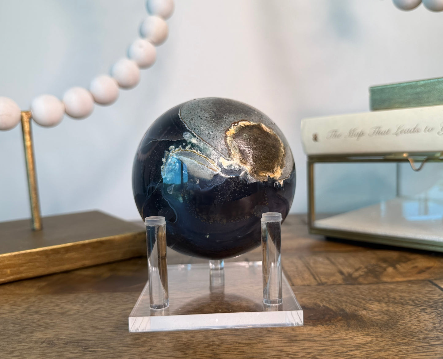 Agate Sphere with Amethyst Druzy and Basalt Inclusions on Clear Base