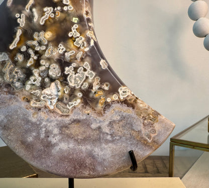 Pink Amethyst and Moss Agate Moon on Stand
