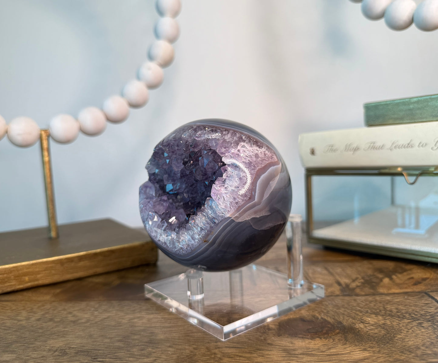 Agate Sphere with Amethyst Druzy and Basalt Inclusions on Clear Base