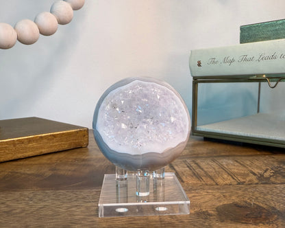 Pastel Blue and Gray Druzy Agate Sphere on Clear Base