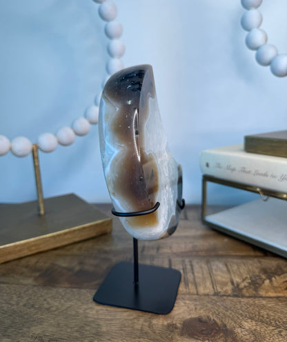 Clear Quartz and Moss Agate Moon on Stand