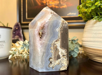 Agate Tower with Double Druzy Portal, Blue Banding, and Earthy Basalt