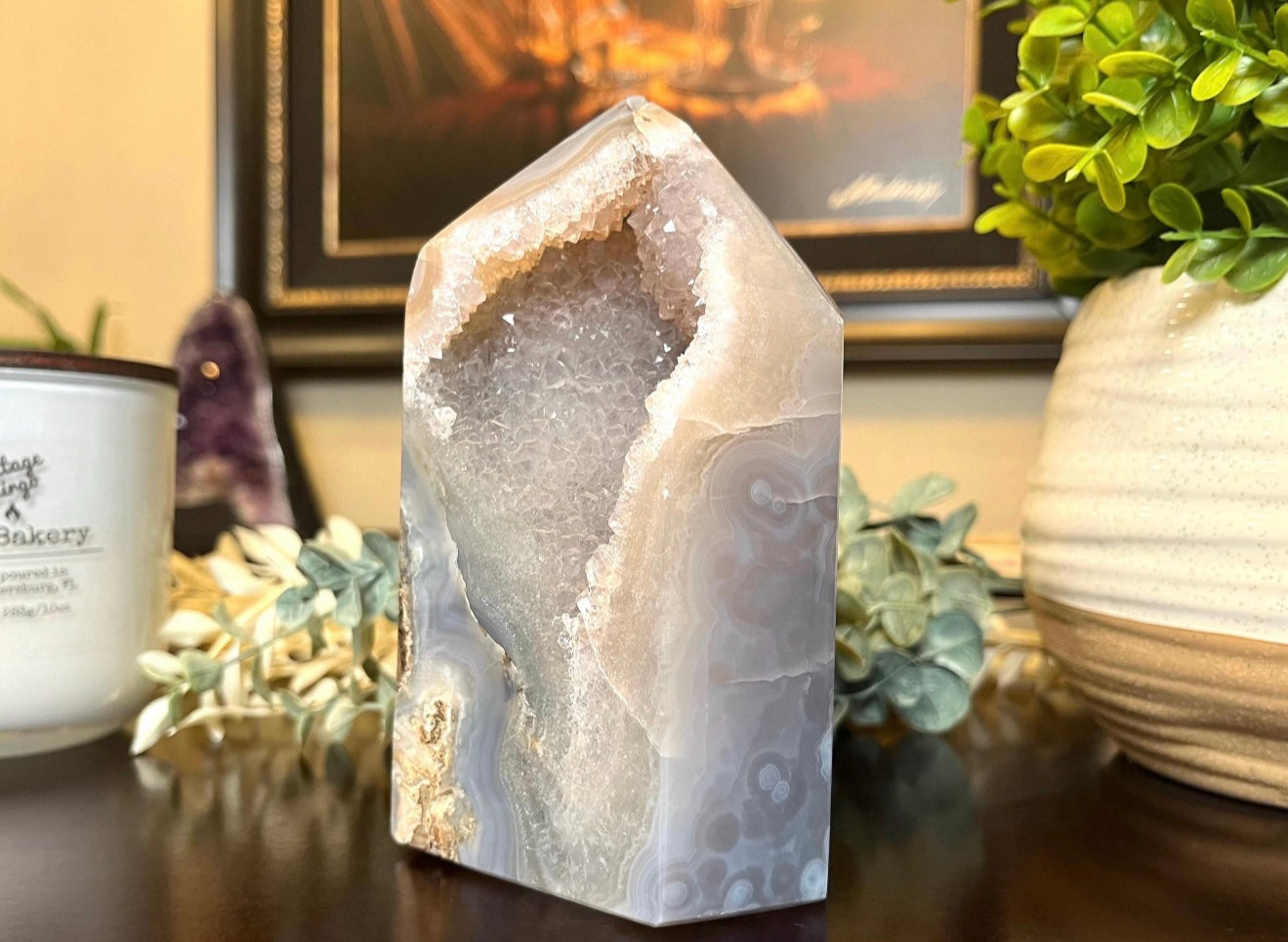 Agate Tower with Double Druzy Portal, Blue Banding, and Earthy Basalt