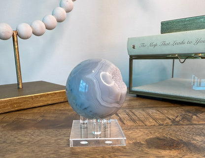 Pastel Blue Banded Agate Sphere with Druzy Pocket on Clear Base