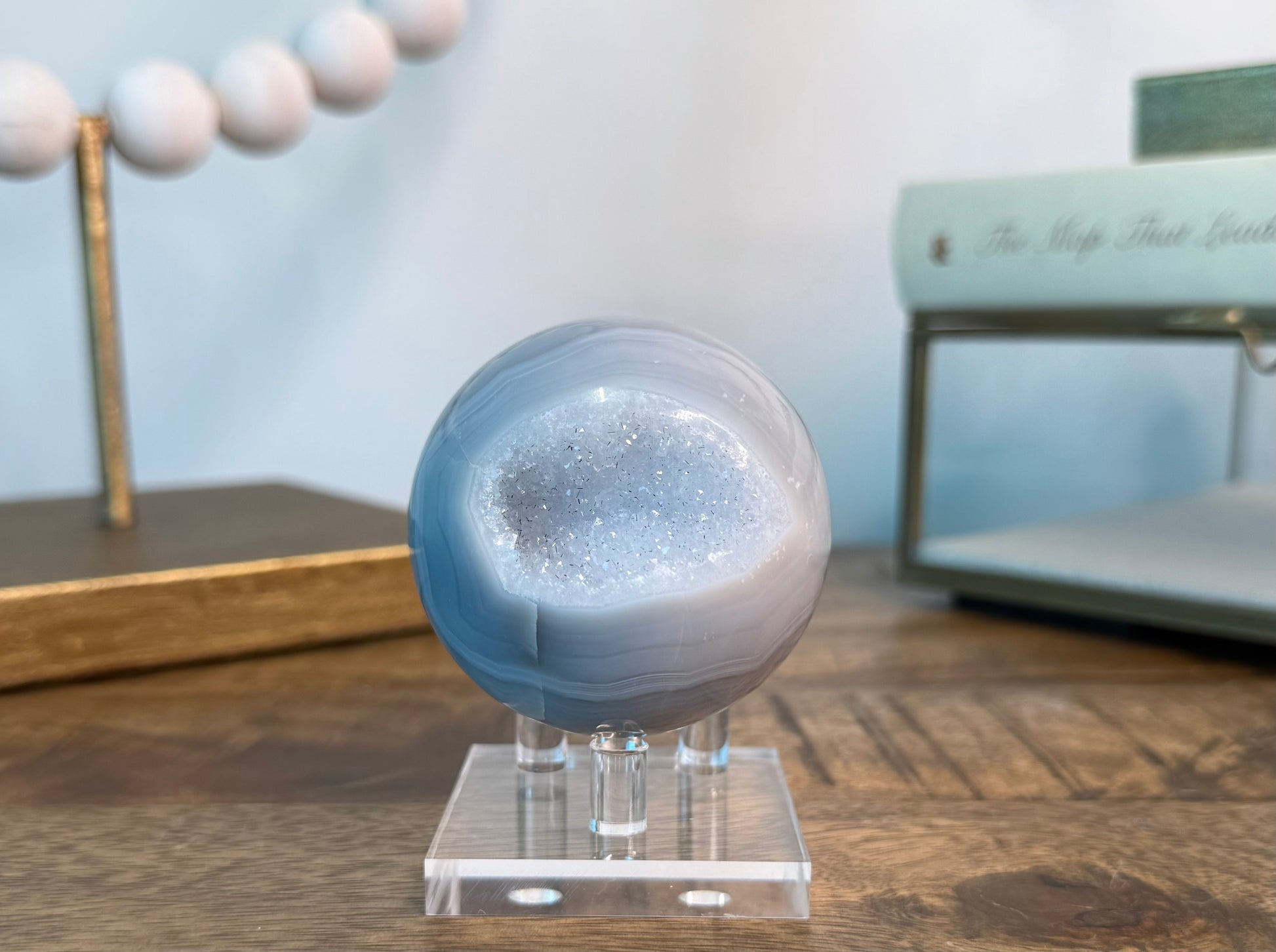 Pastel Blue Banded Agate Sphere with Druzy Pocket