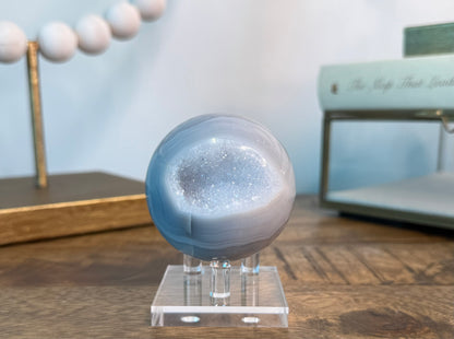 Pastel Blue Banded Agate Sphere with Druzy Pocket