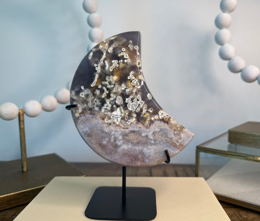 Pink Amethyst and Moss Agate Moon on Stand