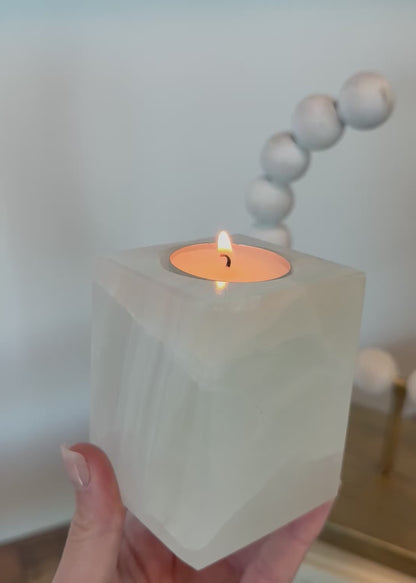 White Onyx Set: Banded Calcite Candle Holder and Palo Santo Holder