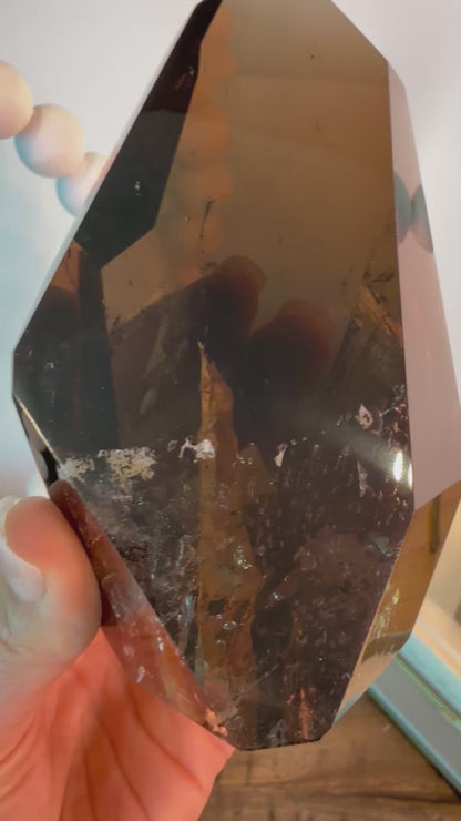 Smoky Quartz with Limonite Skyscraper Inclusion on Stand