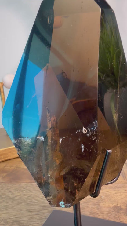 Smoky Quartz with Limonite Skyscraper Inclusion on Stand