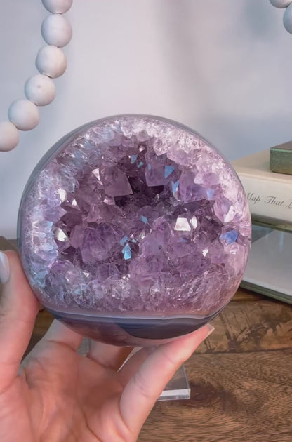 Agate Sphere with Amethyst Druzy and Basalt Inclusions on Clear Base