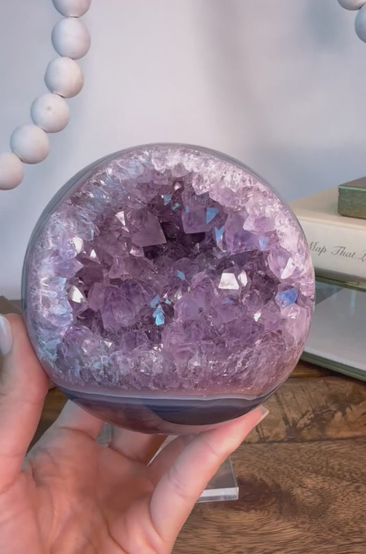 Agate Sphere with Amethyst Druzy and Basalt Inclusions on Clear Base