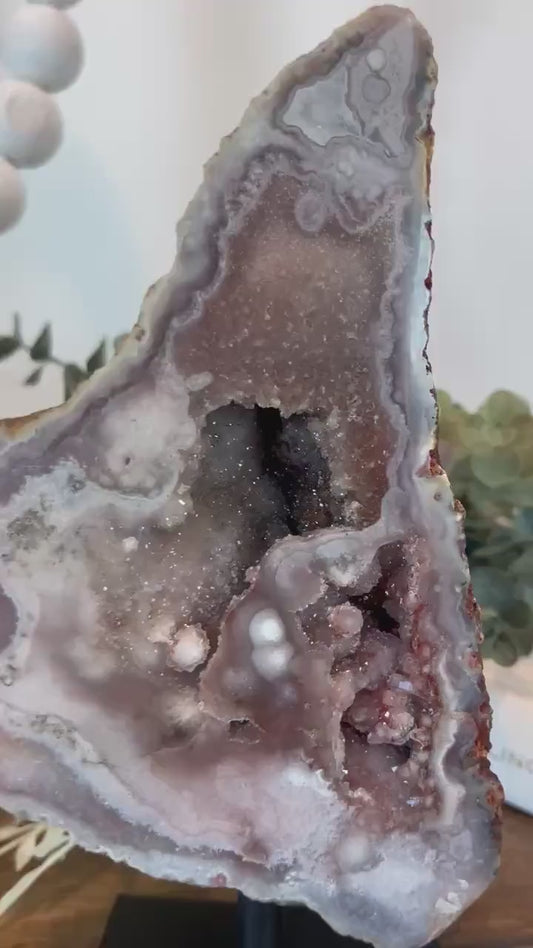 Berry Pink Amethyst with Blue Banding on Stand