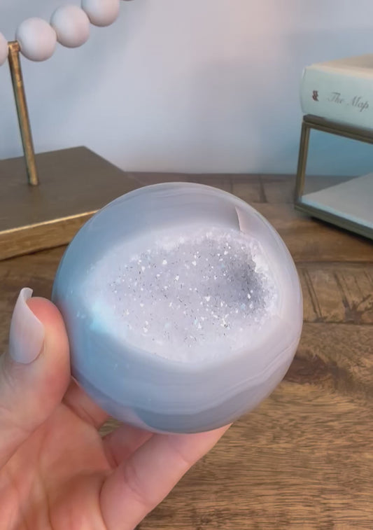 Pastel Blue Banded Agate Sphere with Druzy Pocket on Clear Base