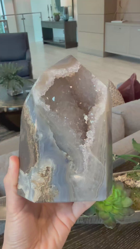 Agate Tower with Double Druzy Portal, Blue Banding, and Earthy Basalt