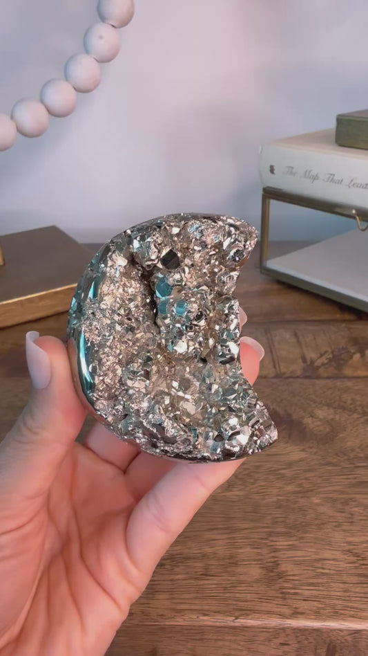 Petite Druzy Pyrite Crescent Moon on Stand